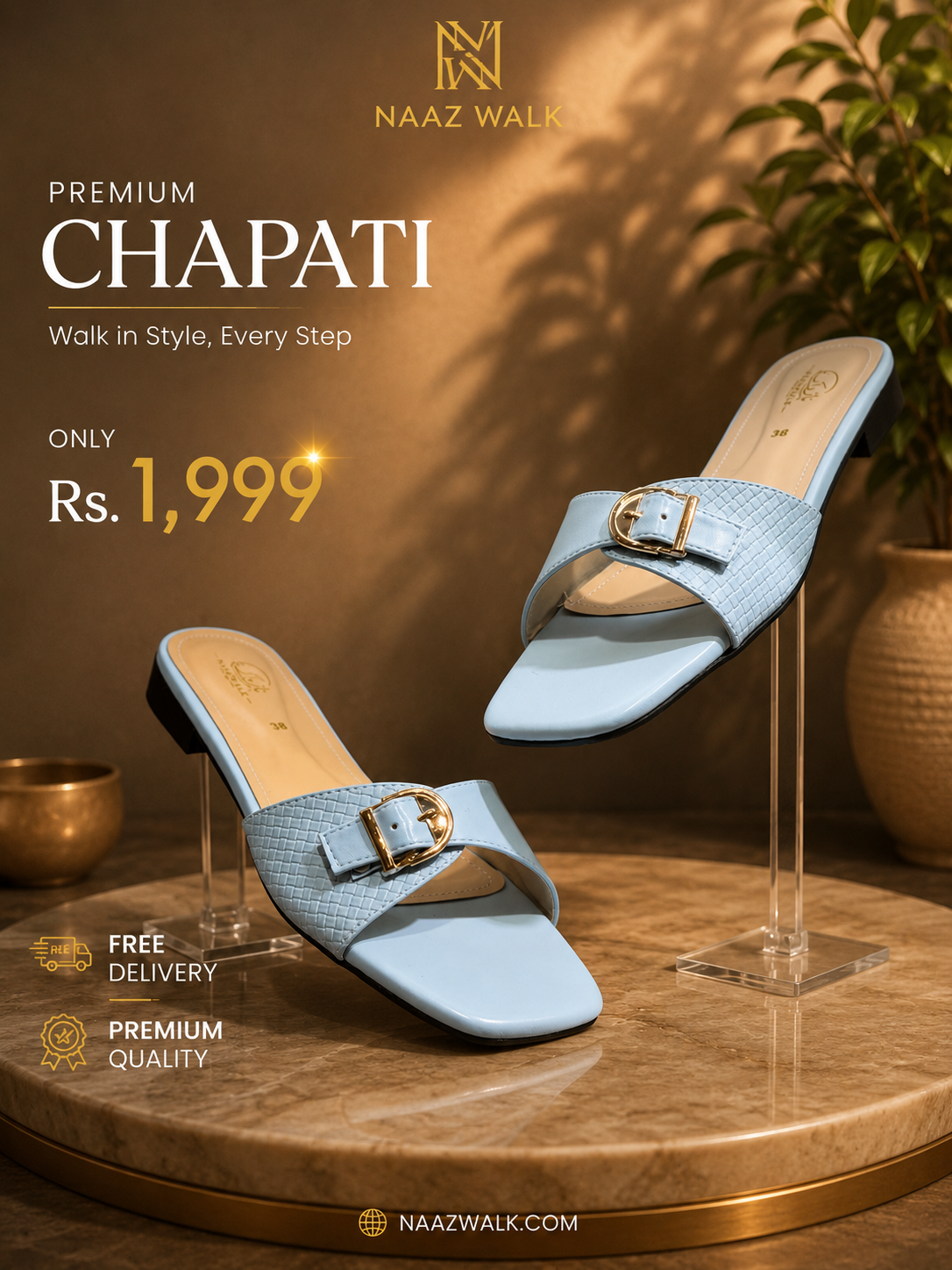 Premium Chapati – Sky Blue Buckle | Luxury Women’s Flat Slides