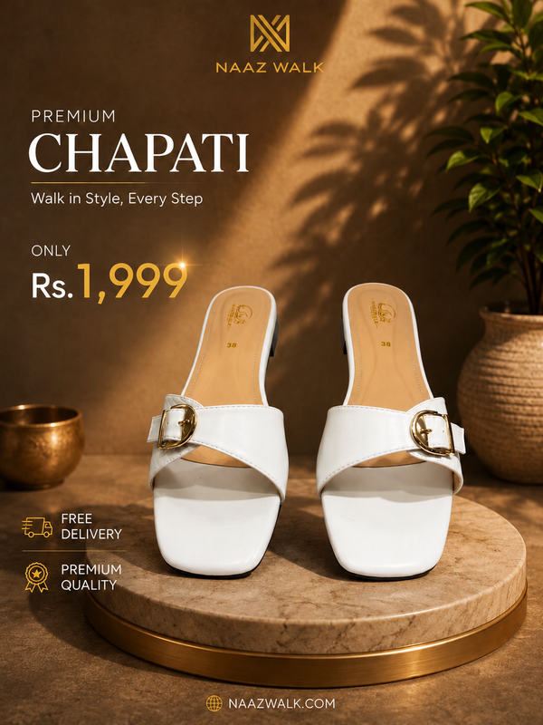 Naaz Walk Premium White Buckle Chapati – Elegant Women’s Slip-On Sandals