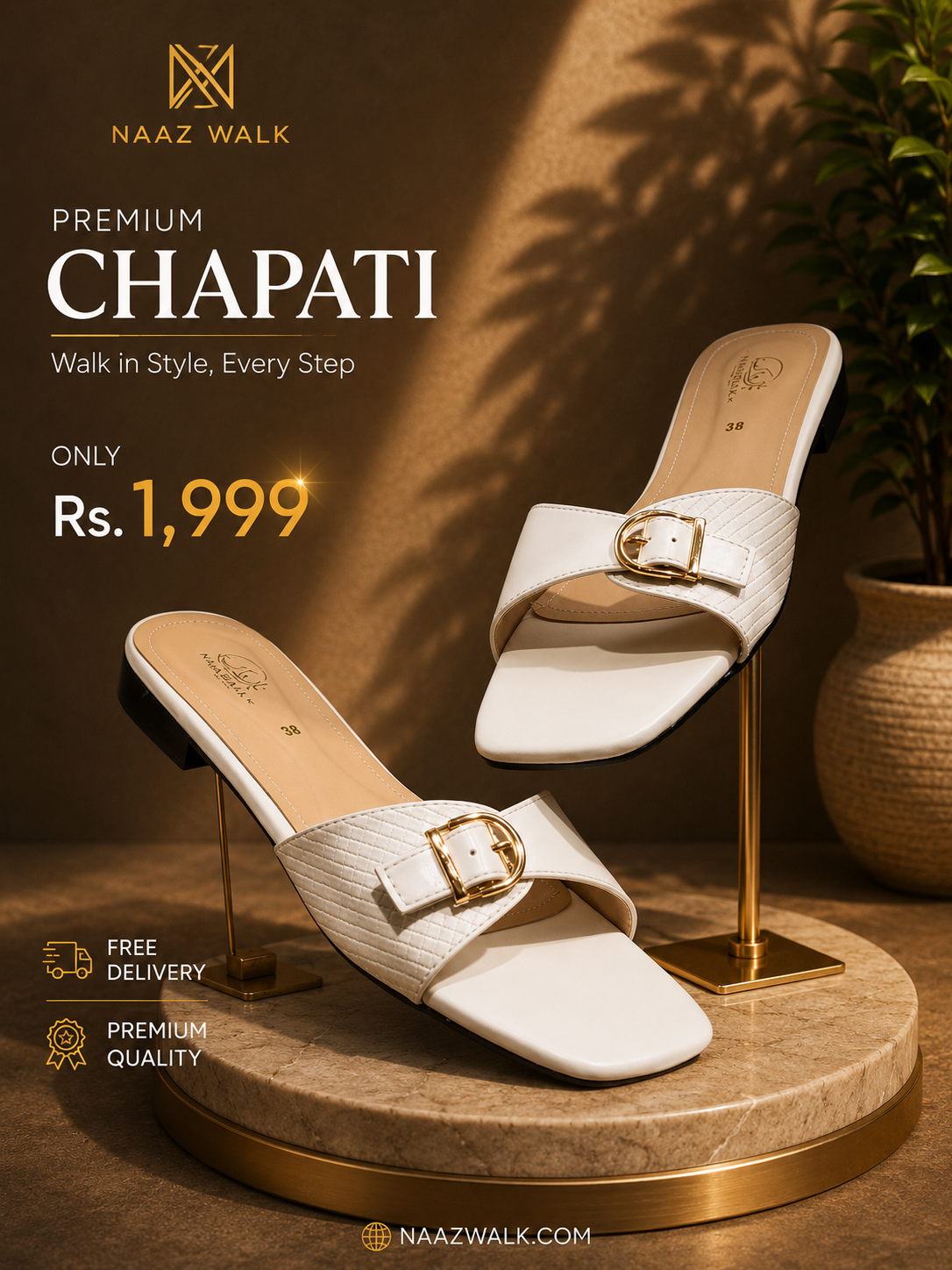 Naaz Walk Premium White Buckle Chapati – Elegant Women’s Slip-On Sandals