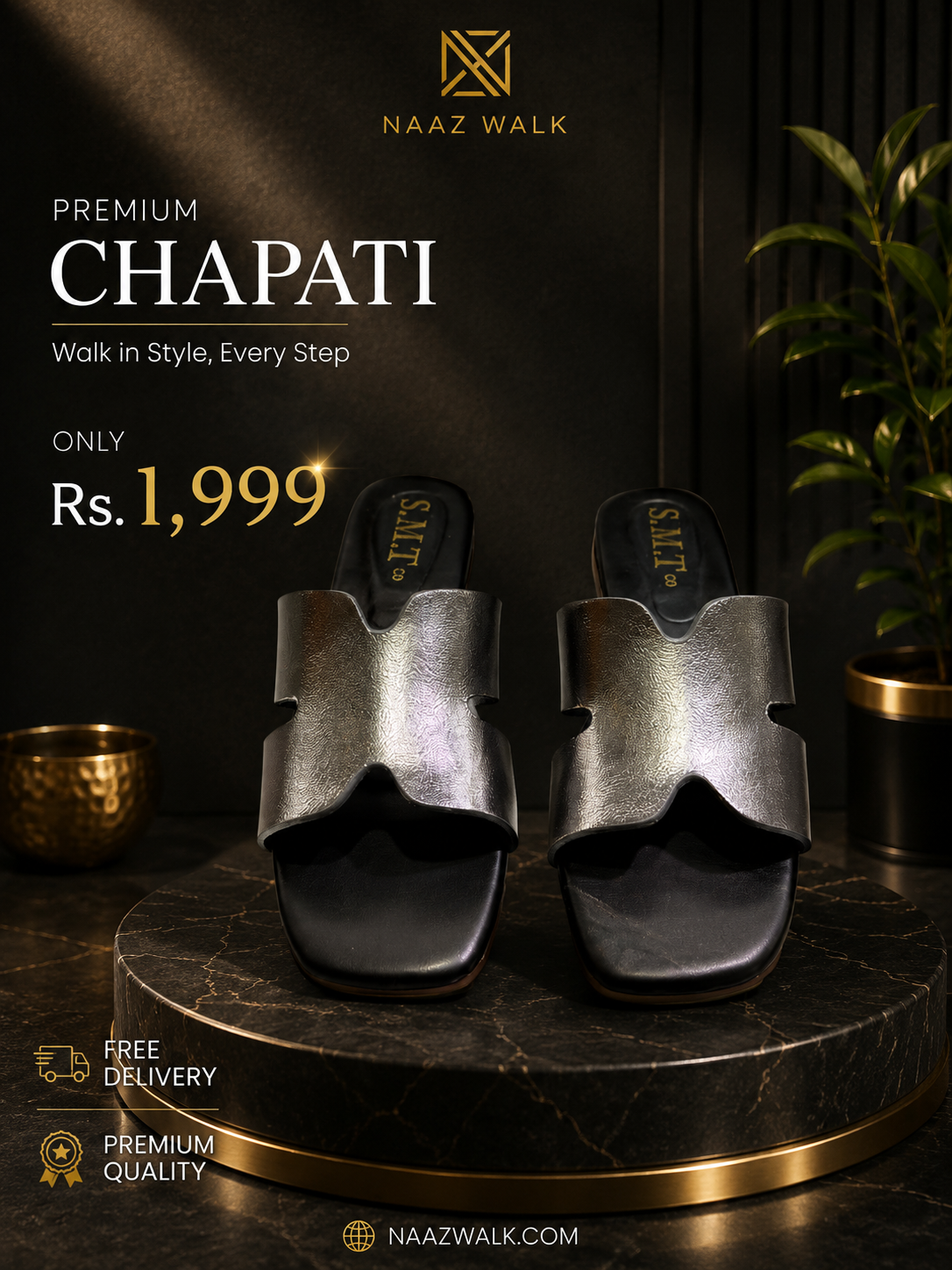Naaz Walk Premium Gunmetal H-Cut Chapati – Elegant Women’s Slip-On Sandals