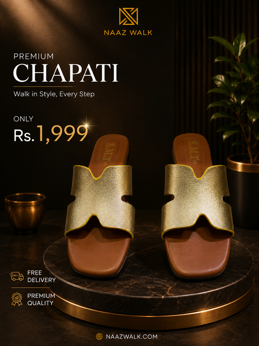 Naaz Walk Premium Gold H-Cut Chapati – Elegant Women’s Slip-On Sandals