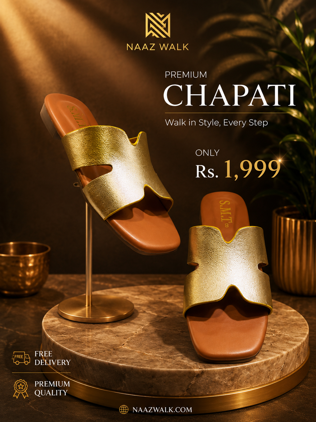 Naaz Walk Premium Gold H-Cut Chapati – Elegant Women’s Slip-On Sandals