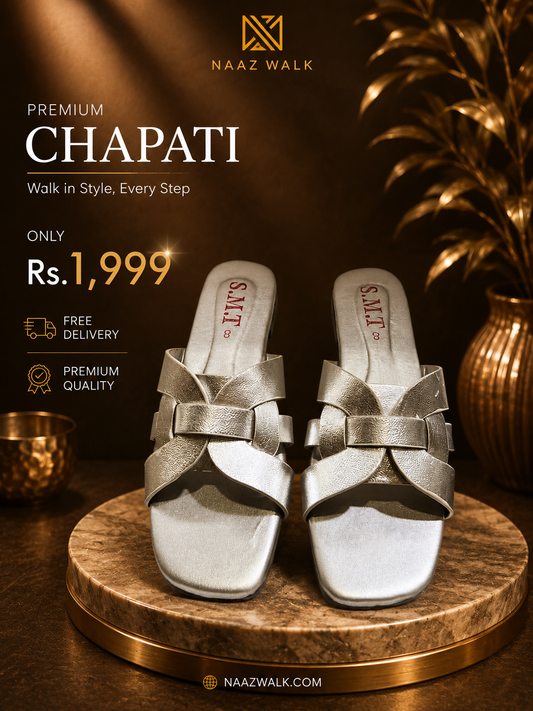 Naaz Walk Premium Silver Cross Strap Chapati – Elegant Women’s Slip-On Sandals