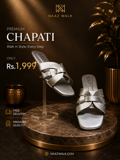 Naaz Walk Premium Silver Cross Strap Chapati – Elegant Women’s Slip-On Sandals