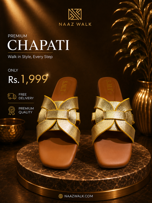 Naaz Walk Premium Gold Cross Strap Chapati – Elegant Women’s Slip-On Sandals