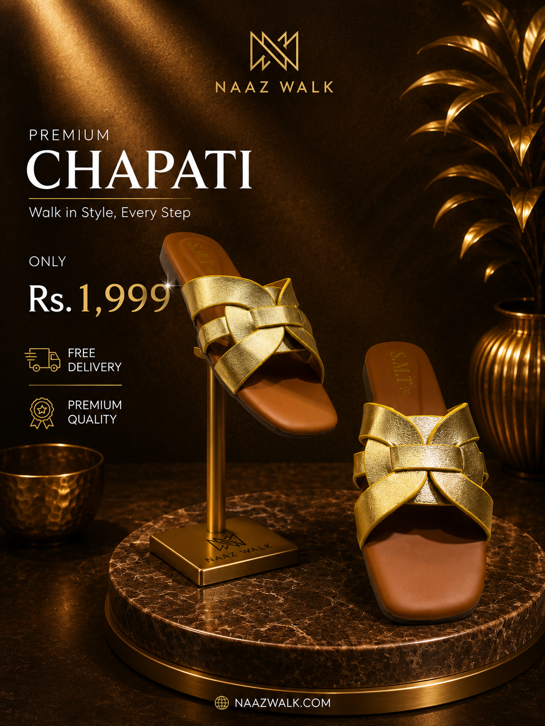 Naaz Walk Premium Gold Cross Strap Chapati – Elegant Women’s Slip-On Sandals